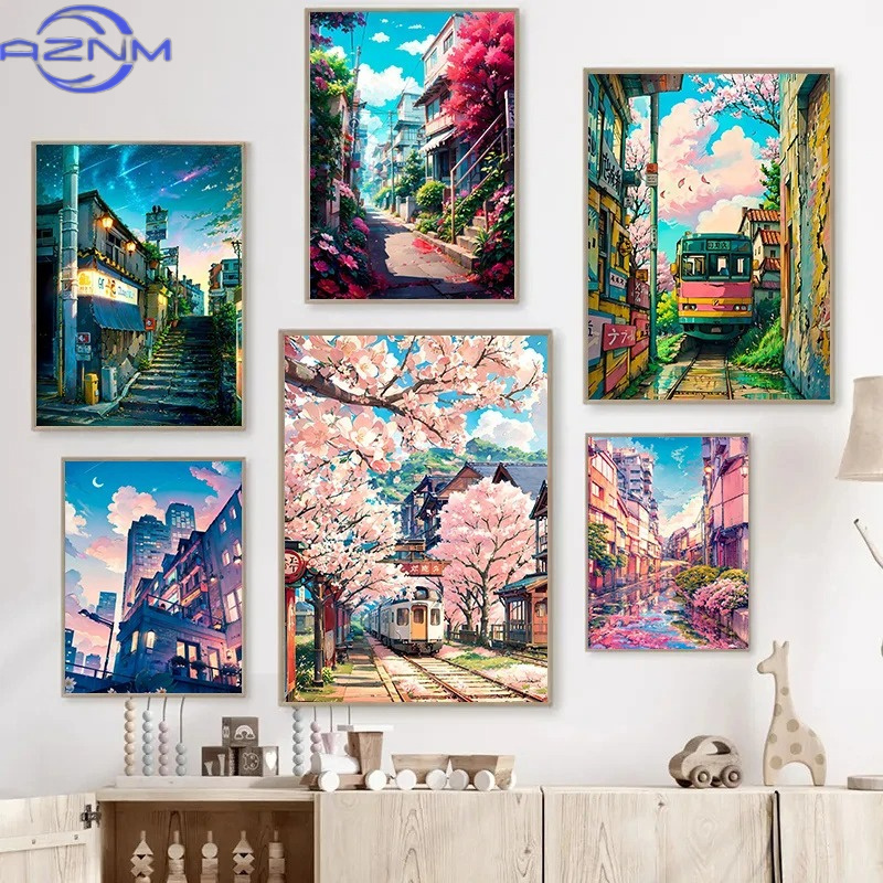AZNM 일본 거리 풍경 벚꽃 건축 캔버스 포스터 꽃  - Japanese Lifestyle Home 리뷰 및 가격